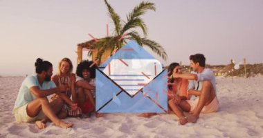 Animation of email envelope digital icon over friends having party on beach. digital interface, social media and global technology concept digitally generated video.