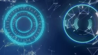 Animation of scopes scanning and networks of connections over blue background. digital interface, global technology and connection concept digitally generated video.