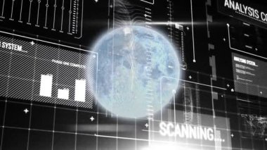 Ekranda tarama ve veri işleme ile Dünya gezegeninin animasyonu. Astronomi, bilim ve teknoloji konsepti dijital olarak oluşturulmuş video.