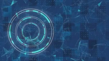 Mavi arkaplanda yüzen bağlantı ağına karşı neon mavi yuvarlak tarayıcı. küresel ağ ve bilgisayar teknolojisi kavramı