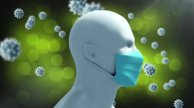 Yeşil arka planda yüz maskesi ile insan kafasının etrafında yüzen çoklu çoklu covid 19 hücrenin animasyonu. küresel koronavirüs salgını konsepti dijital olarak oluşturulmuş video.