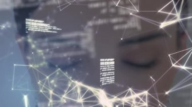 Animation of networks of connections and data processing over woman's face. digital interface, global technology and connection concept digitally generated video.