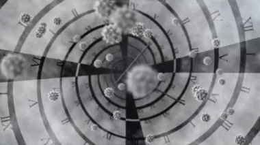 Animation of covid 19 cells floating over spinning clock on grey background. global coronavirus pandemic and health concept digitally generated video.