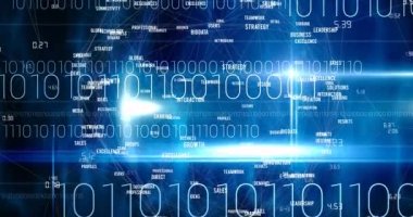 Arka plandaki ikili kodlama üzerinden dijital kelimelerle bağlantı ağının animasyonu. küresel teknoloji, dijital arayüz, bağlantı ve ağ konsepti dijital olarak oluşturulmuş video.