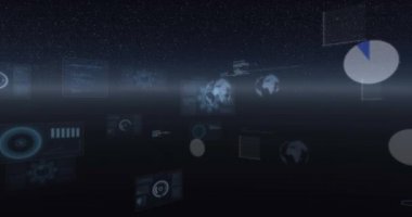 Evrenin etrafında dönen kürelerin animasyonu, istatistik kaydı ve veri işlemesi. Dijital olarak oluşturulan bağlantı ve teknoloji ağı.