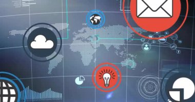 Arka plandaki dünya haritasında dijital simgelerin canlandırılması. küresel teknoloji, dijital arayüz, bağlantı ve ağ konsepti dijital olarak oluşturulmuş video.