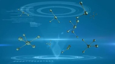 Mavi arka planda DNA iplikçiklerinin dönmesi ve veri işleme animasyonu. küresel bilim, araştırma ve teknoloji konsepti dijital olarak üretilen video.