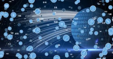 Arka plandaki dünyanın dört bir yanındaki dijital simgelerle bağlantı ağının animasyonu. küresel teknoloji, dijital arayüz, bağlantı ve ağ konsepti dijital olarak oluşturulmuş video.