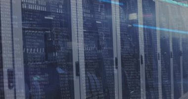 Animation of data processing on screens over tech room with computer servers. digital interface, global technology and connection concept digitally generated video.