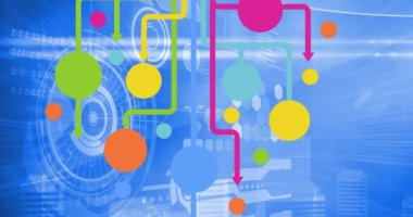 Arka plandaki veri işleme üzerinden dijital simgelerle bağlantı ağının animasyonu. küresel teknoloji, dijital arayüz, bağlantı ve ağ konsepti dijital olarak oluşturulmuş video.