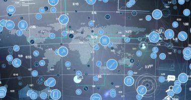 Arka plandaki dünya haritasında dijital simgelerle bağlantı ağının animasyonu. küresel teknoloji, dijital arayüz, bağlantı ve ağ konsepti dijital olarak oluşturulmuş video.