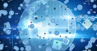 Arka plandaki dünyanın dört bir yanındaki dijital simgelerle bağlantı ağının animasyonu. küresel teknoloji, dijital arayüz, bağlantı ve ağ konsepti dijital olarak oluşturulmuş video.