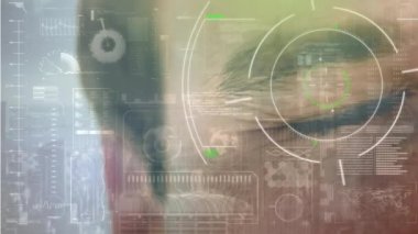 Animation of scope scanning and data processing over man's eye. digital interface, identity recognition and global technology concept digitally generated video.