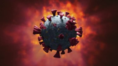 Animation of covid 19 cell spinning over orange clouds of smoke on white background. global coronavirus pandemic and health concept digitally generated video.