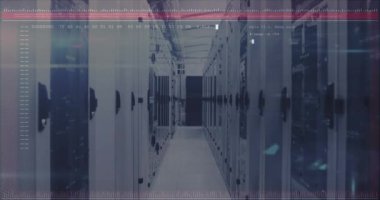 Animation of data processing on computer screen tech room with computer servers. digital interface, global technology and connection concept digitally generated video.