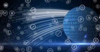 Arka plandaki dünyanın dört bir yanındaki dijital simgelerle bağlantı ağının animasyonu. küresel teknoloji, dijital arayüz, bağlantı ve ağ konsepti dijital olarak oluşturulmuş video.