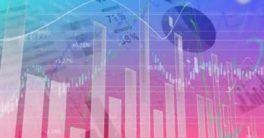 Animation of financial data processing over statistics recording on blue to pink background. global finances, business and connection concept digitally generated video.