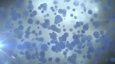 Animation of covid 19 cells floating on flickering blue background. global coronavirus pandemic and health concept digitally generated video.