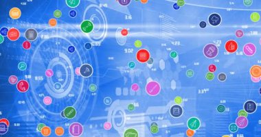 Arka plandaki veri işleme üzerinden dijital simgelerle bağlantı ağının animasyonu. küresel teknoloji, dijital arayüz, bağlantı ve ağ konsepti dijital olarak oluşturulmuş video.