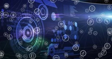 Arka plandaki veri işleme üzerinden dijital simgelerle bağlantı ağının animasyonu. küresel teknoloji, dijital arayüz, bağlantı ve ağ konsepti dijital olarak oluşturulmuş video.