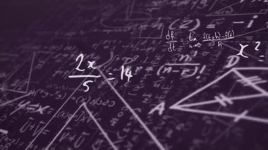 Mor zemin üzerinde çoklu matematiksel denklemlerin animasyonu. öğrenme, bilgi ve eğitim konsepti dijital olarak oluşturulmuş video.