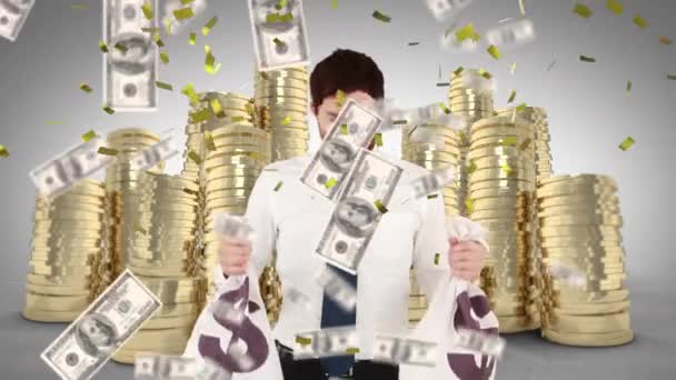 Animace Konfet Padajících Muže Držícího Pytle Symboly Dolaru Hromadami Mincí — Stock video