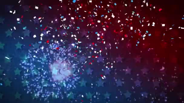 Animación Fuegos Artificiales Que Explotan Sobre Estrellas Bandera Americana Ondeando — Vídeos de Stock