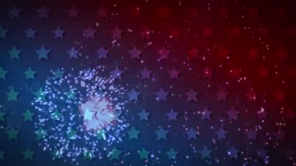 Animación Fuegos Artificiales Que Explotan Sobre Estrellas Bandera Americana Ondeando — Vídeos de Stock