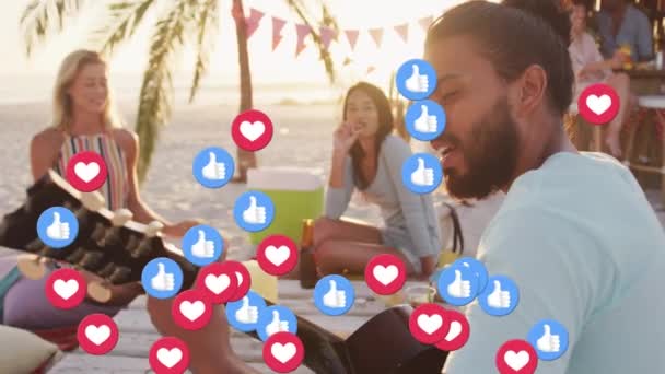 Animation Social Media Love Icons Man Playing Guitar Beach Party — Stockvideo