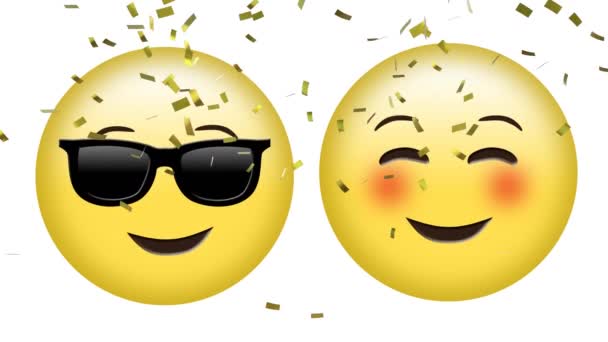 Animation Gold Confetti Falling Two Smiling Emojis One Sunglasses White — Stock Video
