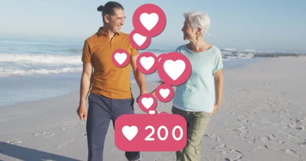 Animatie Van Rode Hart Liefde Digitale Iconen Nummers Glimlachende Senior — Stockvideo