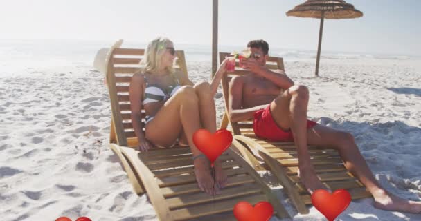 Animation Red Heart Love Balloons Digital Icons Couple Deckchairs Drinks — Stok video