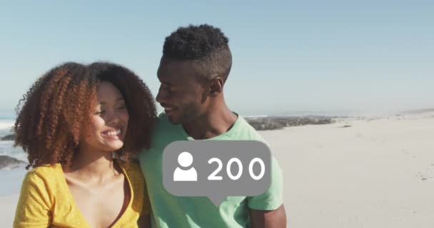 Profile Icons Increasing Numbers African American Couple Taking Selfie Beach — ストック動画