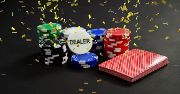 Animation Confetti American Dollar Bills Falling Gambling Chips Playing Cards — Stock Video