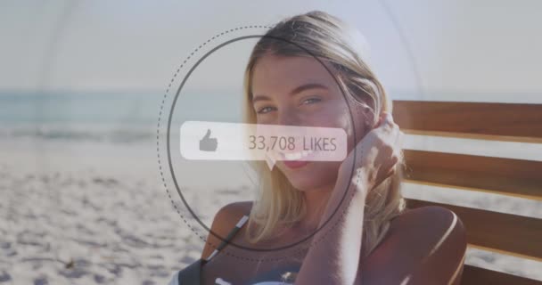 Icons Increasing Numbers Portrait Caucasian Woman Smiling Beach Social Media — Stockvideo