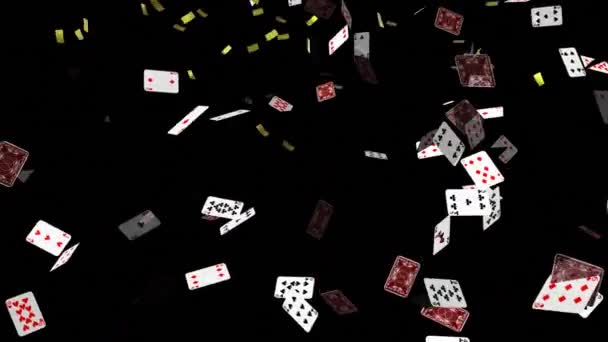 Animation Confetti Playing Cards Falling Black Background Finance Winning Gambling — Stock Video