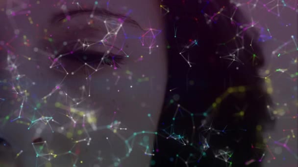 Animation Glowing Spot Network Connections Woman Face Digital Interface Identity — Vídeo de stock