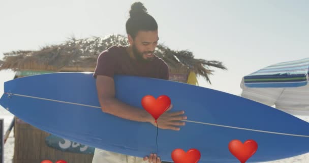 Animation Heart Icons Man Surfboard Beach Digital Interface Social Media — Stock Video