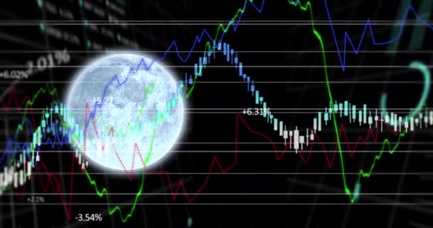 Animacja Planety Ziemia Przetwarzaniem Danych Finansowych Czarnym Ekranie Koncepcja Astronomii — Wideo stockowe