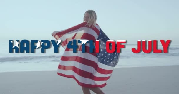 Animation Des Fröhlichen Textes Vom Juli Mit Amerikanischem Fahnenmuster Frau — Stockvideo