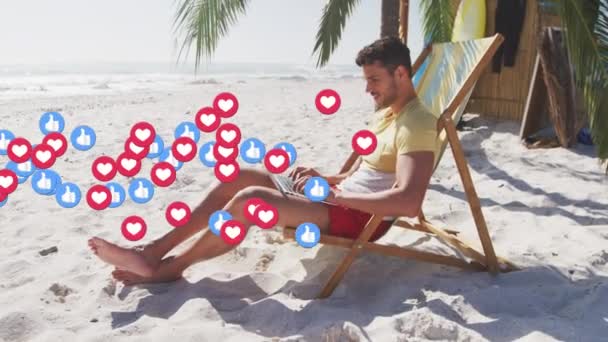 Animation Red Heart Love Digital Icons Man Deckchair Laptop Beach — Stockvideo