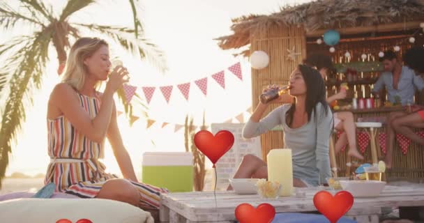 Animation Red Heart Love Balloons Digital Icons Friends Having Drinks — Vídeo de Stock