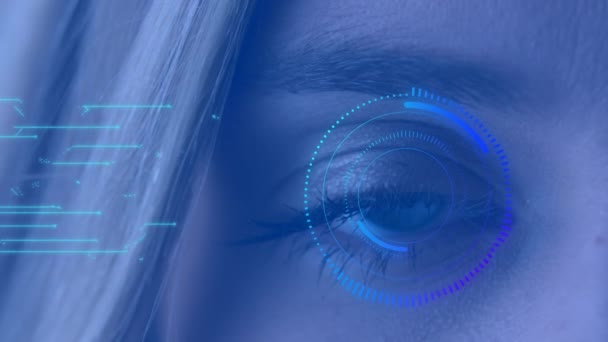 Анимация Обработки Данных Сканирования Области Над Глазом Женщины Цифровой Интерфейс — стоковое видео