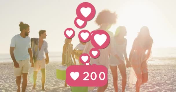 Animation Heart Icons Numbers Happy Friends Beach Digital Interface Social — Stockvideo