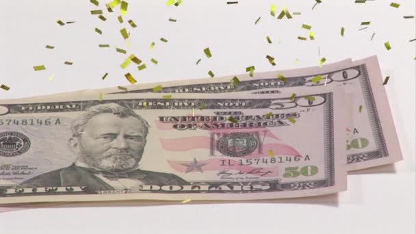 Animation Confetti Falling American Dollar Bills Being Counted White Background — Stockvideo