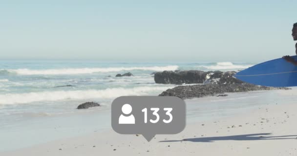 Animation Speech Bubble People Icon Numbers Couple Running Surfboards Beach — Vídeo de Stock