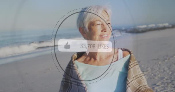 해변에 나이든 여성들 숫자와 아이콘을 애니메이션 디지털 인터페이스 미디어 글로벌 — 비디오