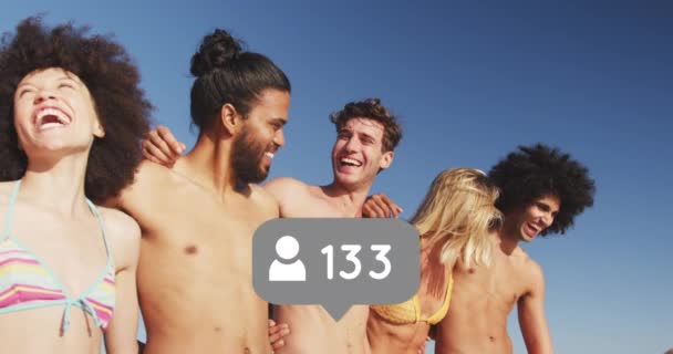 Animation Speech Bubble People Icon Numbers Friends Holding Surfboards Beach — Vídeos de Stock