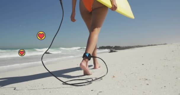 Animation Heart Digital Icons Woman Carrying Surfboard Beach Digital Interface — Vídeo de Stock