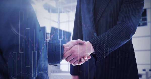 Animation of financial data processing over midsection of businessmen shaking hands. global finance, business and connection concept digitally generated image.